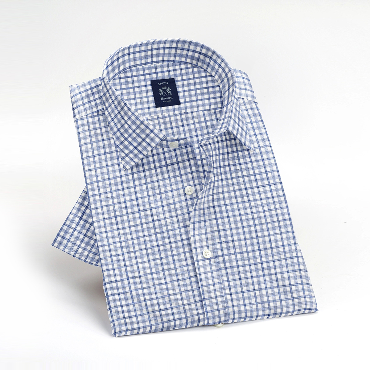 Envoy Sport Casual Wear Tailor Fit Men's Short Sleeve Bluish Grey Check Shirt - Image 3