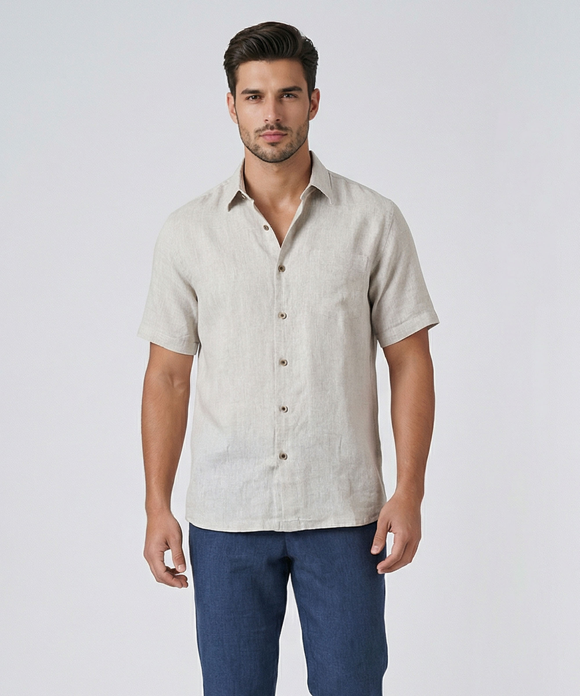 Envoy Linen Men's Beige Regular Fit Plain Shirt