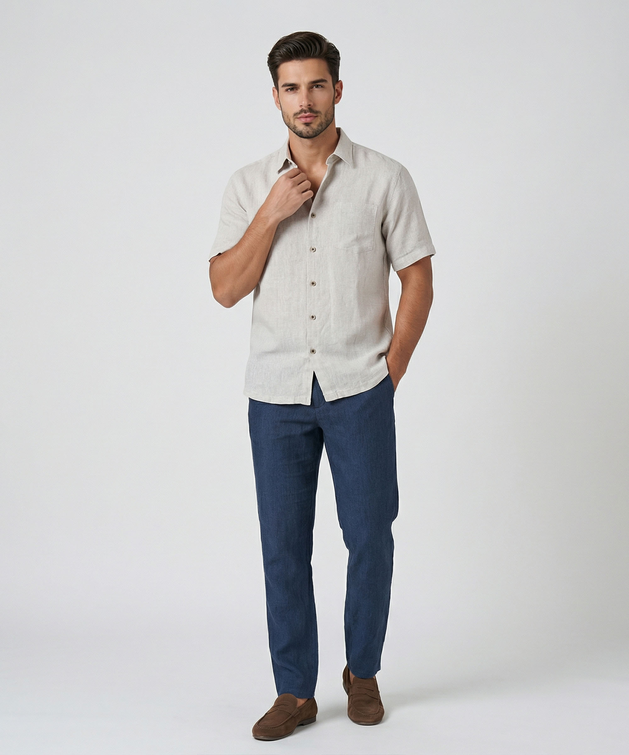 Envoy Linen Men's Beige Regular Fit Plain Shirt - Image 2