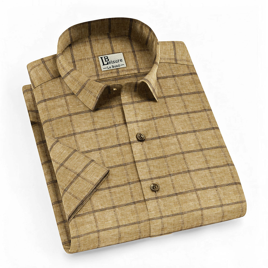 LB Leisure Men’s Beige Regular Fit Short Sleeve Check Shirt
