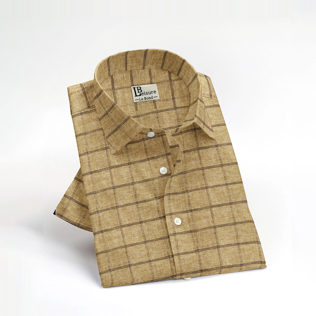 LB Leisure Men’s Beige Regular Fit Short Sleeve Check Shirt - Image 2