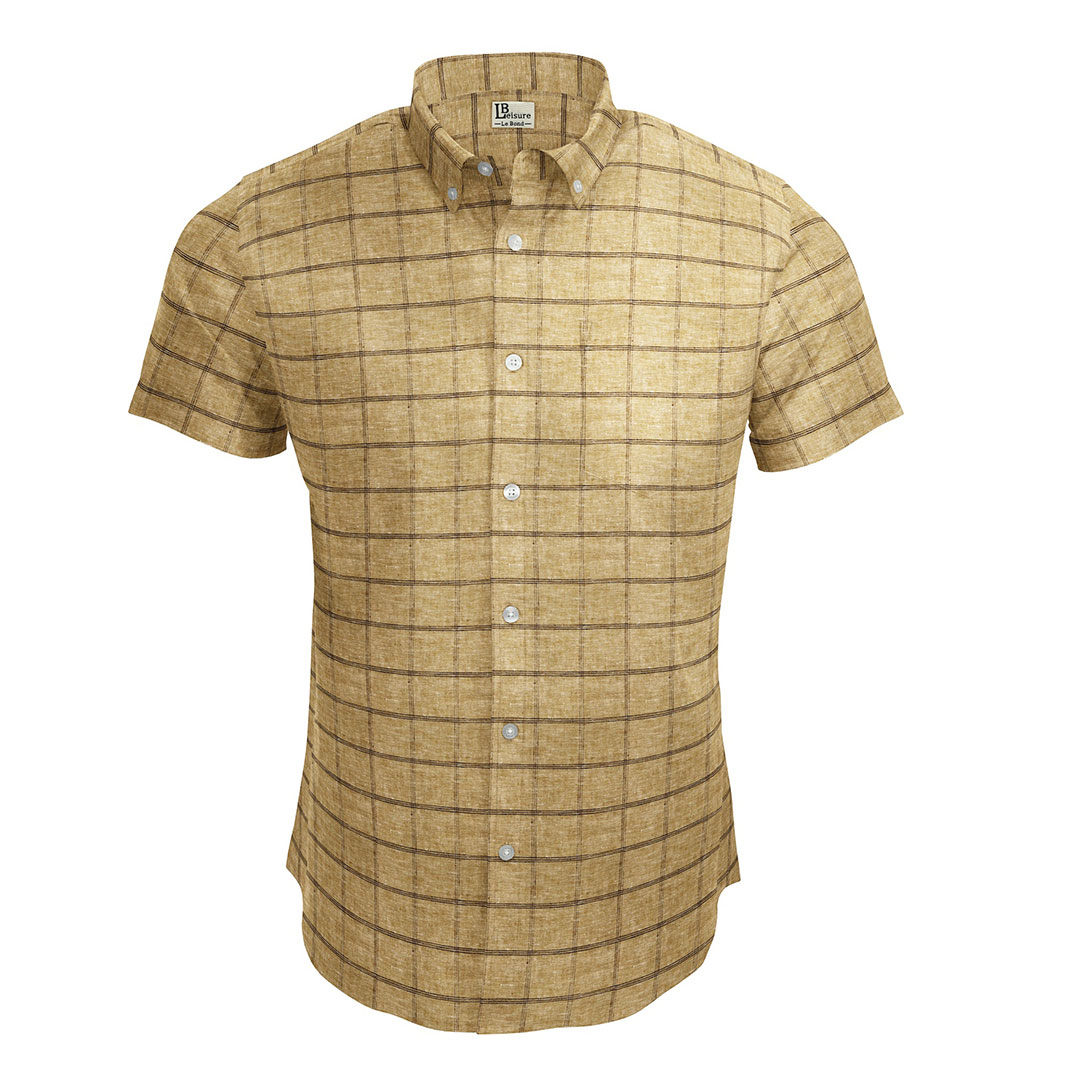LB Leisure Men’s Beige Regular Fit Short Sleeve Check Shirt - Image 3