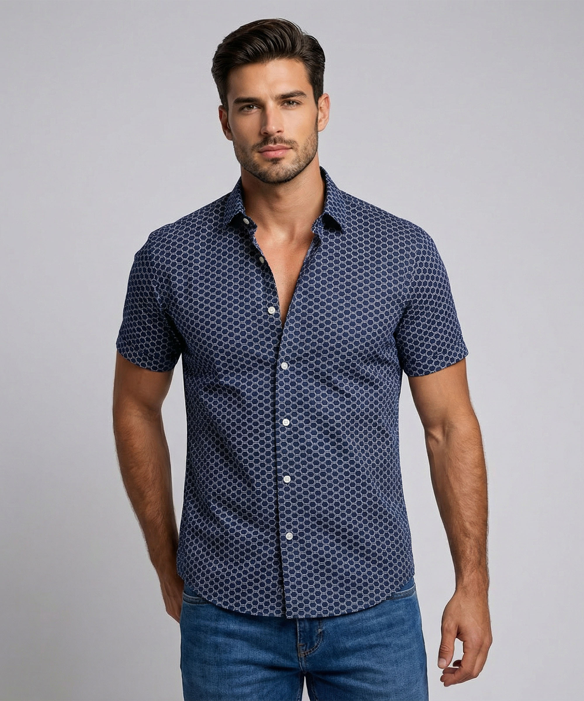 Envoy Italy Men’s Blue Tailor Fit Short Sleeve Floral Shirt