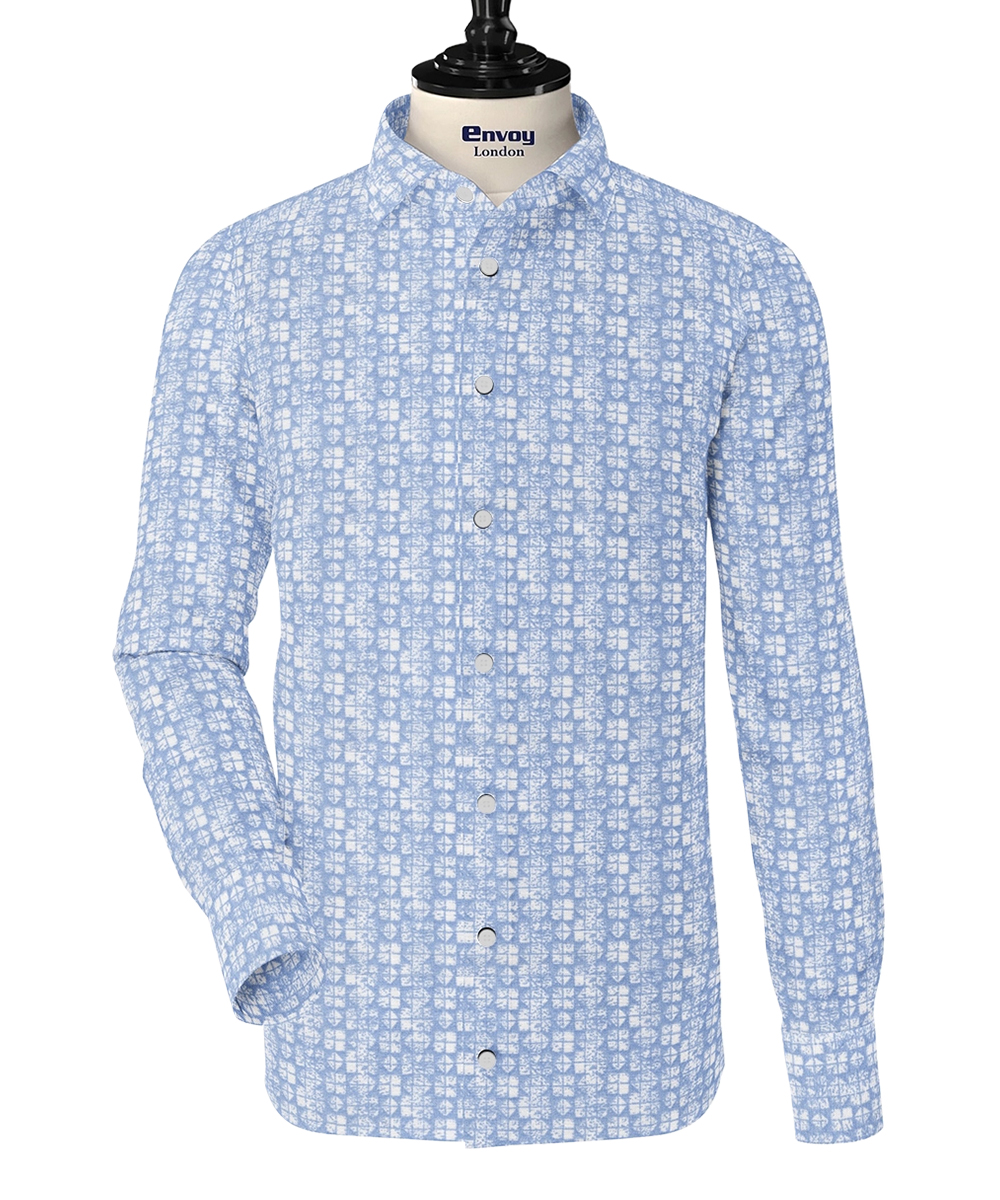 Envoy Classic Sky Blue & White Patterned Cotton Lycra Shirt