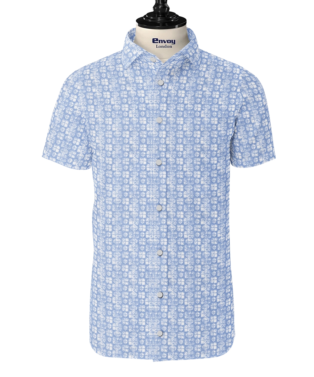 Envoy Classic Sky Blue & White Patterned Cotton Lycra Shirt - Image 2